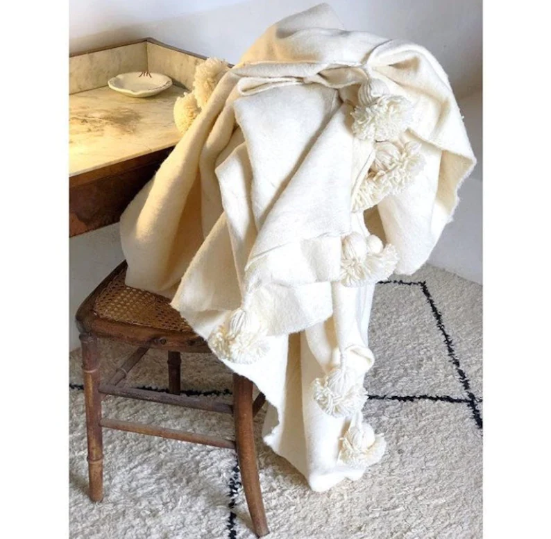 Wool Moroccan Pom pom Blanket Marrakesh artisan